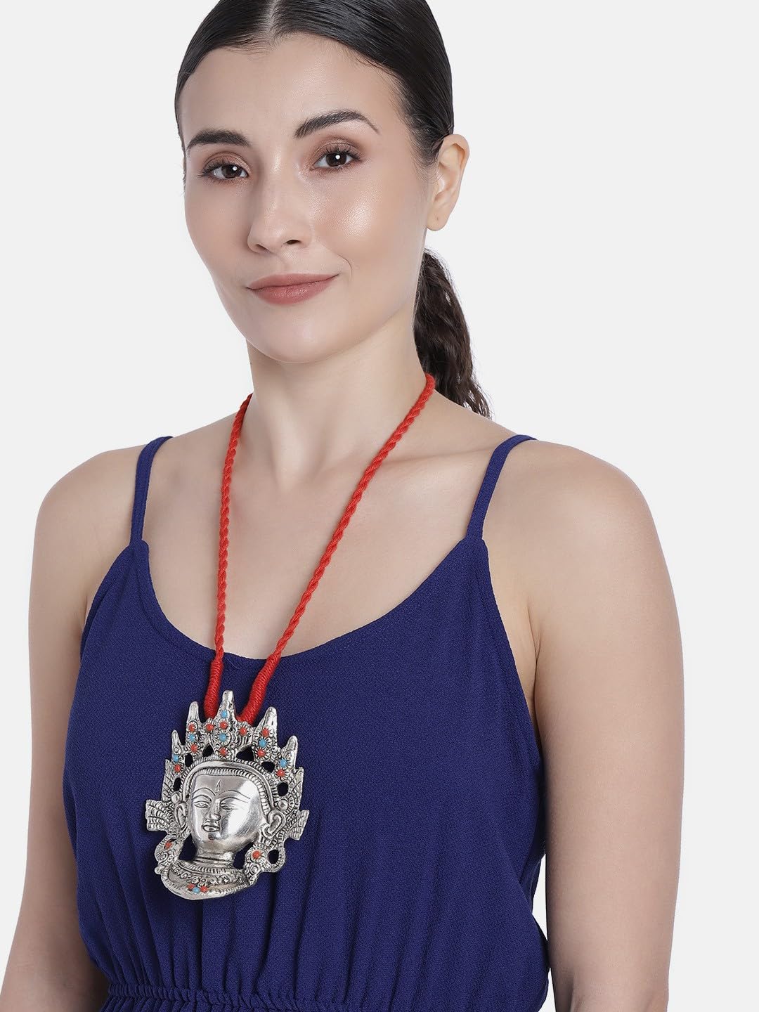 El Regalo Womens Big & Bold Ma Durga Face Pendant Necklace- Handmade Goddess Durga Thread Boho Tribal Neckpiece for Navratri Celebrations (Red)