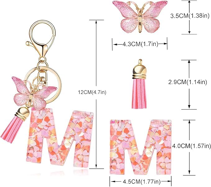 El Regalo Personalized Name Initials Butterfly Charm Keychain - Custom Letter Keyring with Pink Tassel & Butterfly Pendant, Purse, Bag, Backpack Accessory (M Letter)