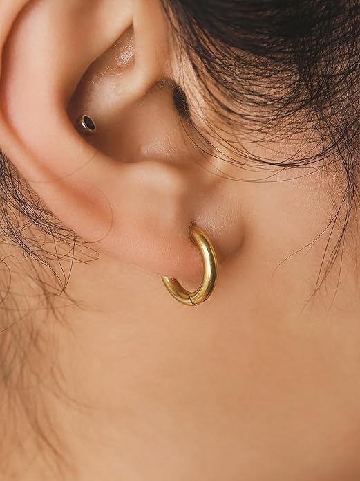 El Regalo 5 Pairs Gold Stainless Steel Unisex Huggie Hoop Earrings- 14k Gold Plated Cartilage Helix Daith Tragus Ear Hugging Hoop Earrings for Kids/Girls/Boys/Men/Women