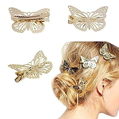 El Regalo 2 Pcs Barrette Hollow Out Golden Butterfly Metal Hair Clips For Girls & Women (Set Of 2) (Golden)