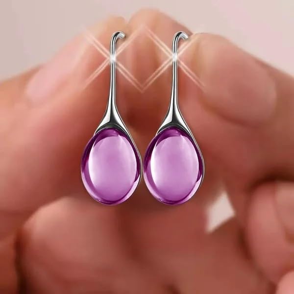 El Regalo Gold Plated Water Drop Style Crystal Inlaid Stone Classic Plain Dangle Hoop Earrings- Inlaid Crystal Drop Earrings for Girls & Women (Poppy Purple)