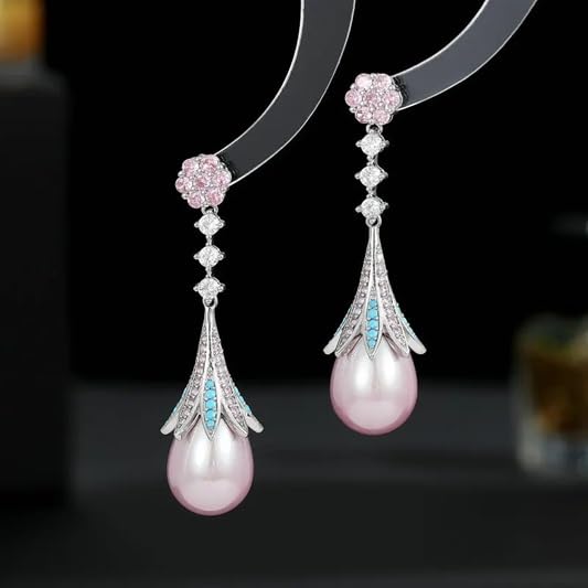El Regalo Vintage Elegant Palace Style Luxury Pearl CZ Earrings for Women - Shiny Pink Zirconia Bridal Wedding Party Jewelry