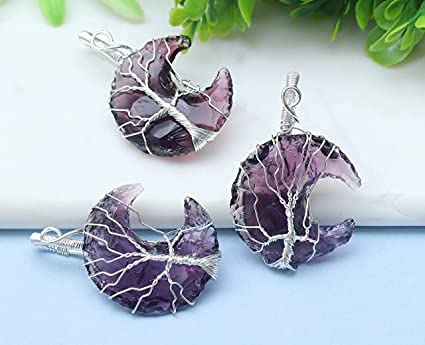El Regalo Tree of Life Wire Wrapped Crescent Moon Natural Stones Healing Crystal Chakra Pendant Necklace - Unique Handcrafted Gemstones Pendant Necklaces (Amethyst) For Unisex Adult