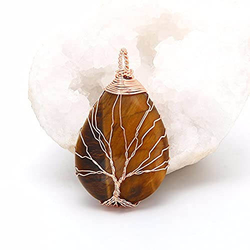El Regalo Tree of Life Wire Wrapped Drop Natural Stones Healing Crystal Chakra Pendant Necklace - Unique Handcrafted Gemstones Pendant Necklaces (Tiger Eye) For Unisex Adult
