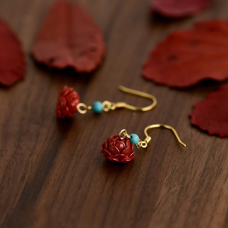 El Regalo Cute Cinnabar Emperor Annie Flower Earrings for Girls & Women - Retro Red Lotus Dangle Earrings with Turquoise Color Bead, Boho Vintage Inspired Handmade Jewelry