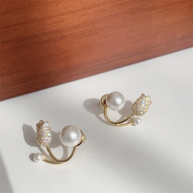 El Regalo 1 Pair Rose Bud Cuff Earrings, Golden Rose Pearl Ear Crawler Cuff Earrings for Girls Women