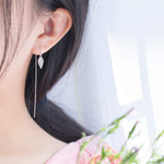 El Regalo 925 Silver Plated Minimalist Long Thin Linear CZ Elegant Threader Dangle Chain Earrings for Girls & Women (Leaves Threaders)