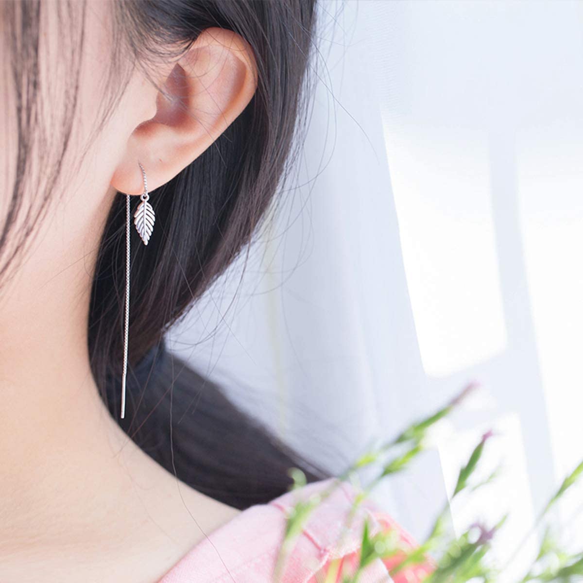 El Regalo 925 Silver Plated Minimalist Long Thin Linear CZ Elegant Threader Dangle Chain Earrings for Girls & Women (Leaves Threaders)