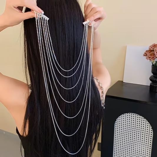 El Regalo Elegant Rhinestone Multi Layered Hair Chain for Women | Fancy Crystal Hair Jewelry | Sparkling Bridal Headpiece for Braids, Weddings, Parties & Festive Looks | Fancy Long Chain Hair Accessory