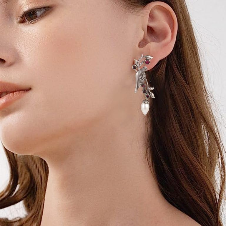 El Regalo Oxidized Bird Earrings with Pearl- Handmade Silver Replica Brass Earrings in Antique Silver Finish for Girls & Women