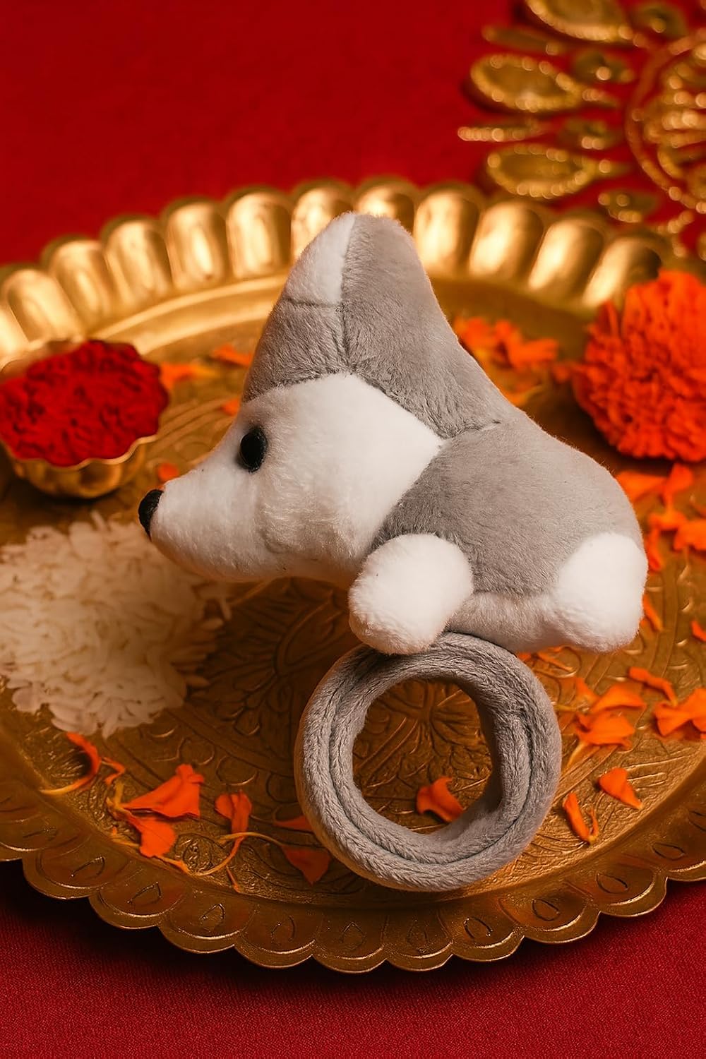 El Regalo Kids Rakhi - Cute Animal Plush Slap Band Rakhi for Boys & Girls | Panda, Shark, Dinosaur & More with Roli Chawal & Rakshabandhan Card | Fun Cartoon Soft Slap Bands for Children (husky puppy Grey)