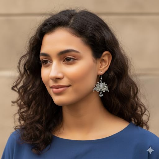 El Regalo Vintage Lotus Hook Earrings with Ghungroo for Girls & Women | Light Weight Silver Replica Brass Lotus Earrings in Oxidized Silver Finish