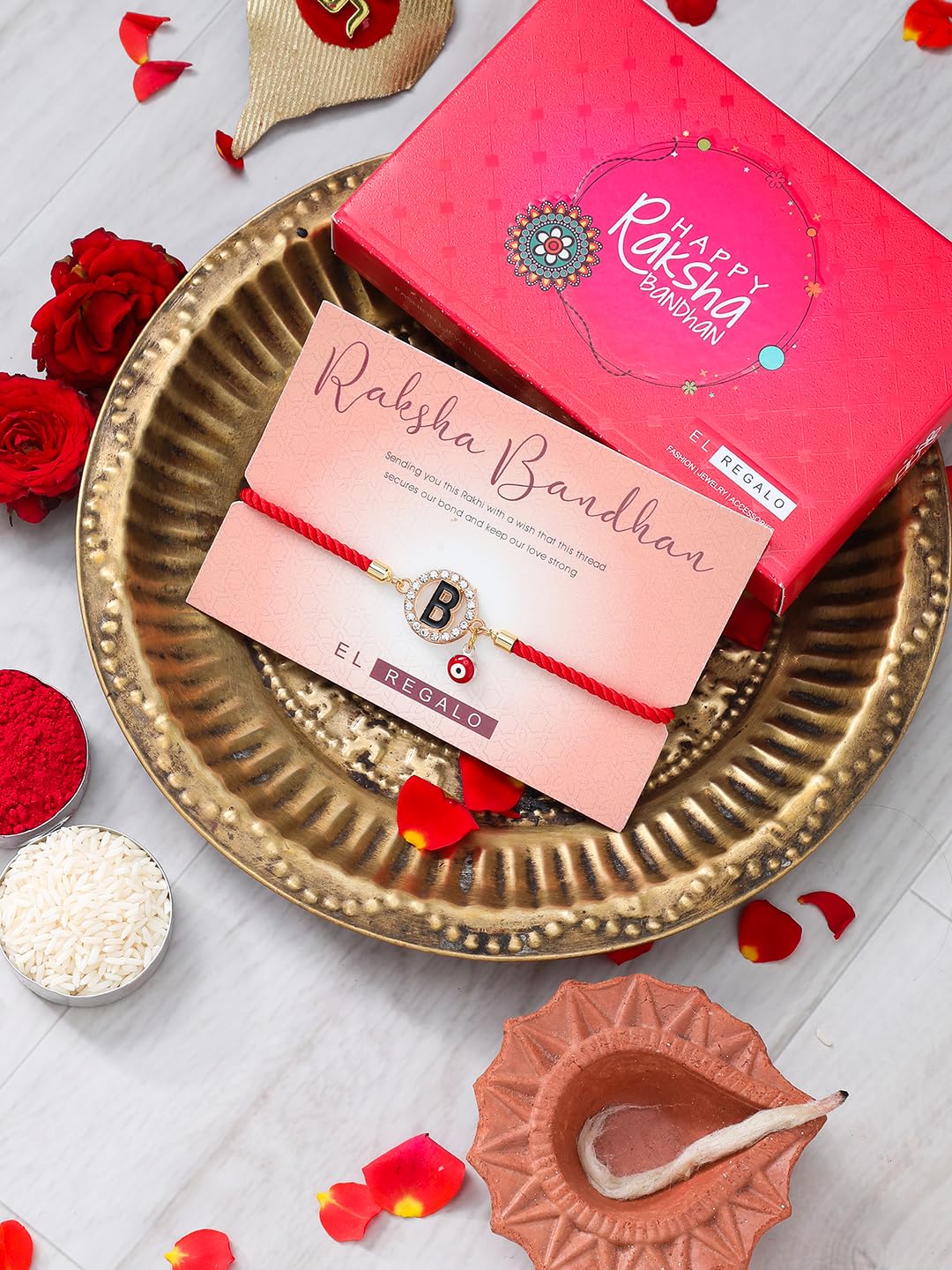 El Regalo Name Initials Evil Eye Bracelet Rakhi for Brother- Name Letter CZ Rakhi with Roli Chawal, Message Card in Rakshabandhan Box for Bhai (Red- B)