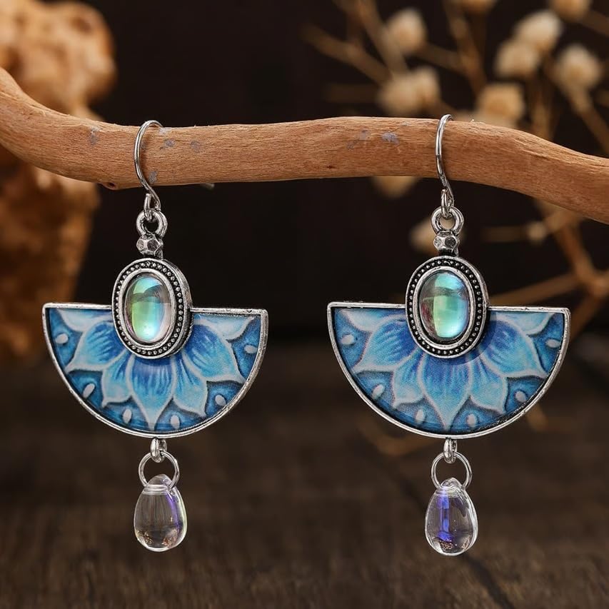 El Regalo Vintage Boho Lotus Flower Dangle Earrings for Women - Blue Enamel Fan-Shaped Drop Earrings with Iridescent Moonstone Center & Crystal Drip - Ethnic Gypsy Style Jewelry
