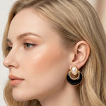 El Regalo Elegant Stainless Steel Pearl Stud Earrings for Women | 18K Gold Plated Vintage Oil Drip Enamel C-Hoop Studs | Anti-Tarnish Boho Western Jewellery (Black)
