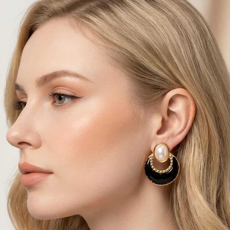 El Regalo Elegant Stainless Steel Pearl Stud Earrings for Women | 18K Gold Plated Vintage Oil Drip Enamel C-Hoop Studs | Anti-Tarnish Boho Western Jewellery (Black)