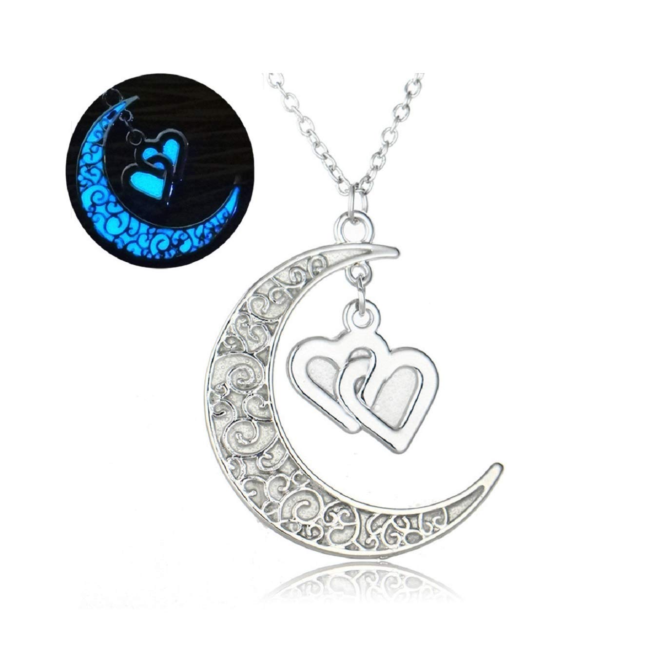 El Regalo Gift for Her- Glow In The Dark Heart Moon Pendant Necklace | 925 Silver Plated Pendant Necklace