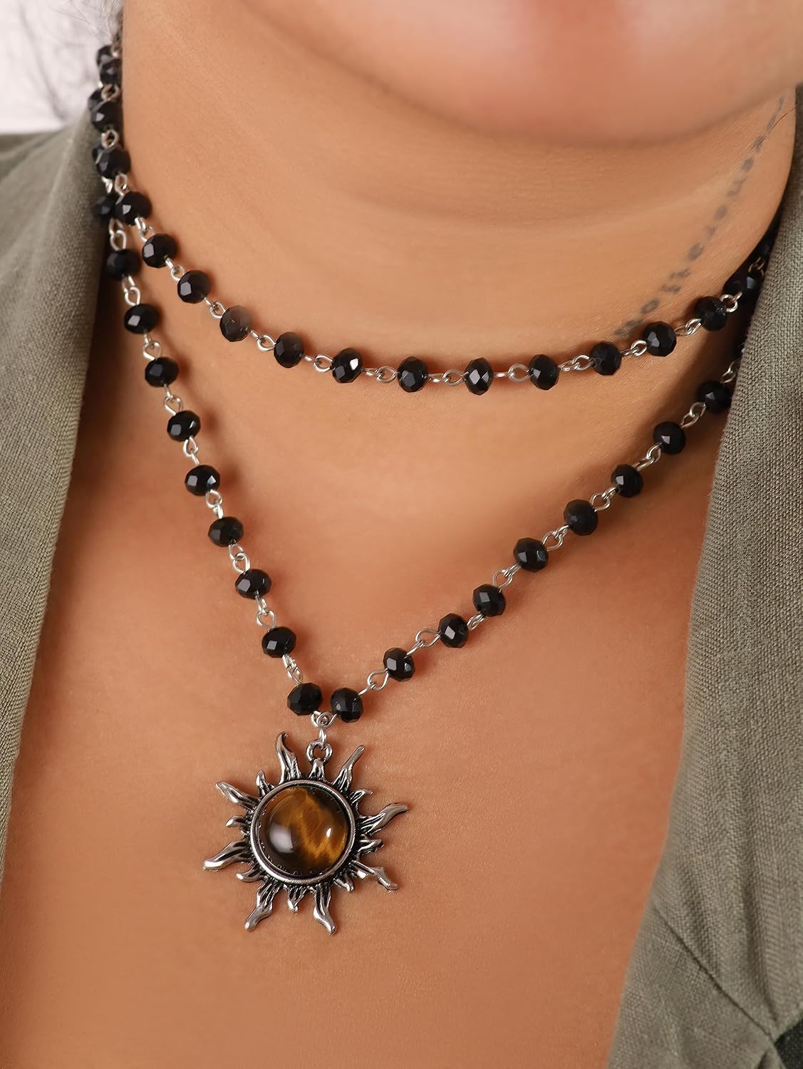 Sacina Gothic Emo Grunge Sun Choker, Black Bead Choker Necklace, Black Jewelry, Gothic Goth Necklace, Halloween Christmas Jewelry Gift for Women, 18.7 inches, Zinc, No Gemstone