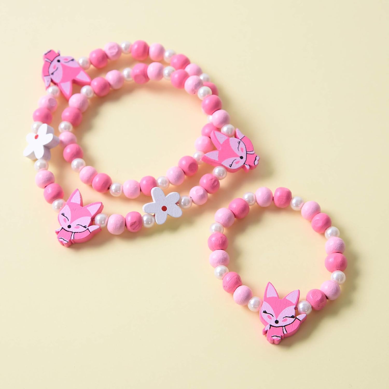El Regalo Kids/Toddlers/Girls Wooden Beads Handmade Necklace & Bracelet Jewelry Sets (1 Necklace & 1 Bracelet): Kids Princess Jewelry Set (Kitty Pink Jewelry Set)
