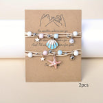 El Regalo 2PCs Shell Pearl & Star Fish Charms Bracelets Set for Girls & Women- Bright & Colorful Unique Handmade Beach Theme Bracelets Set (Blue)