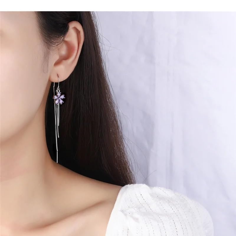 El Regalo 925 Silver Plated Flower Threader Earrings- Needle Threader Long Tassel Earrings for Girls & Women (Purple Flower)