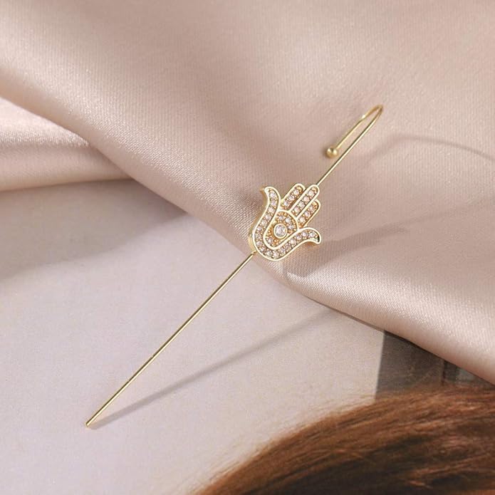 El Regalo 1 Pair Fancy Western Ear Wrap Needle Ear Crawler Earrings - Inlaid Zircon, Elegant Ear Cuff Climber Hook Earrings for Women Girls (Stylish Hamsa Hand Ear Crawler)