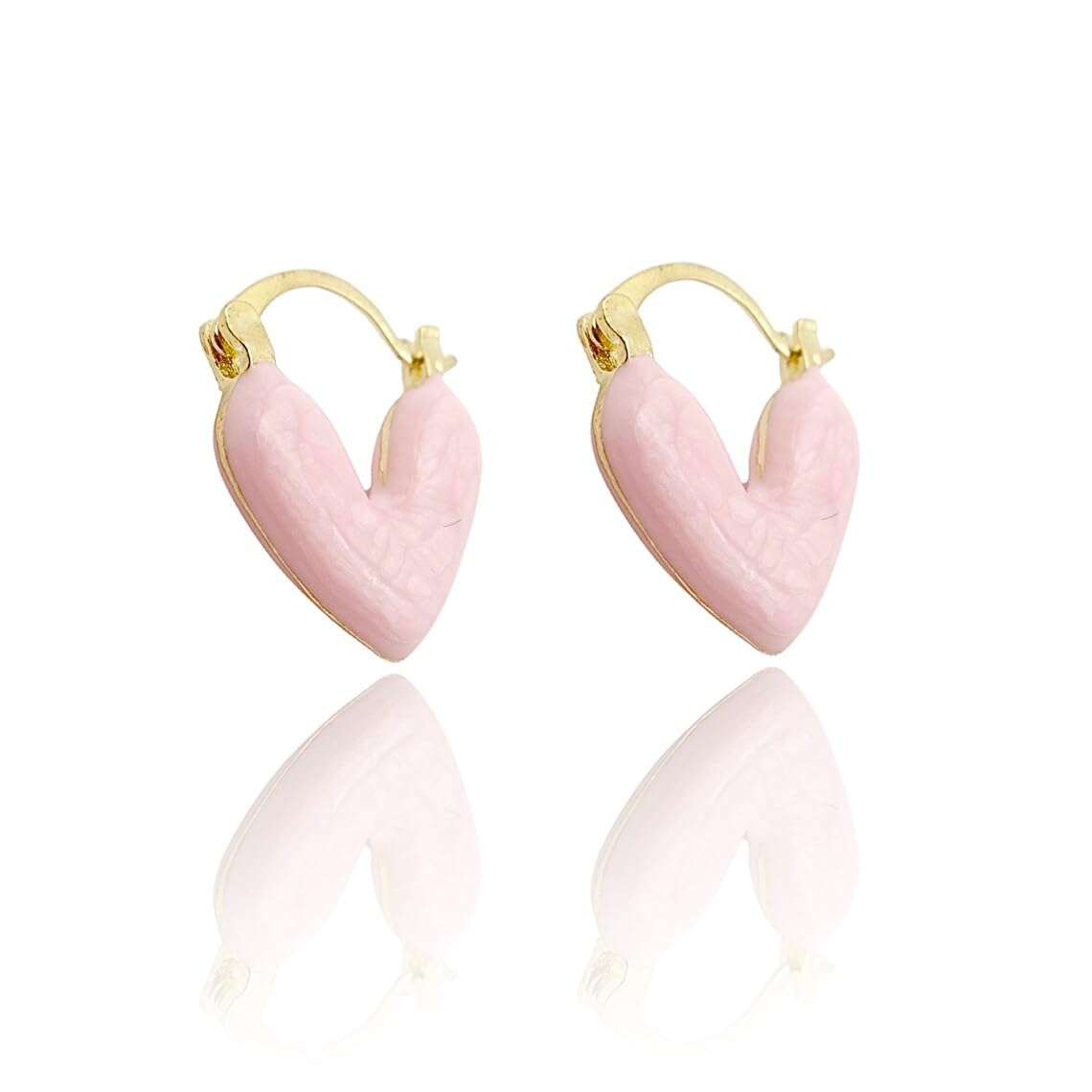 El Regalo 1Pair Love Heart Hoop Earrings- Small Oil Dripping Gold Plated Heart Earrings for Girls & Women Hoop (Pink)