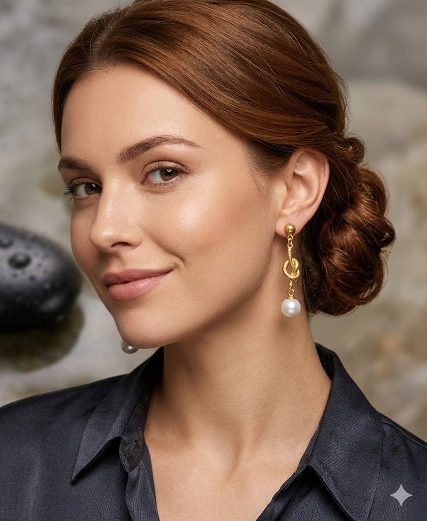 El Regalo Elegant 18K Gold Plated Stainless Steel Drop Earrings for Women & Girls | Tarnish-Free, Waterproof, Hypoallergenic Statement Fancy Western Earring Collection | Variations: Bow, Moon & Star, Starfish, Knot | For Office, Party & Gifting (Pearl Kno