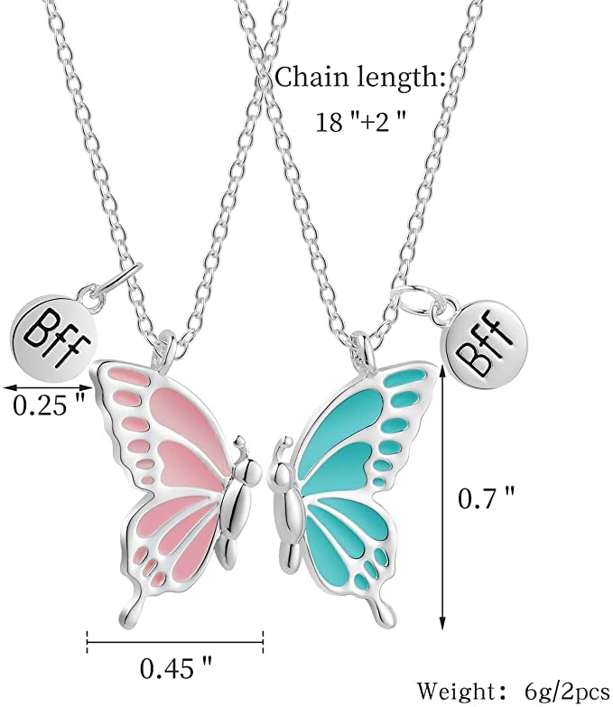 El Regalo Cute BFF Necklaces for 2, Enamel Butterfly Friendship Necklace for Teen Girls Women - Gift for Best Friends/Besties/Sisters (Silver)