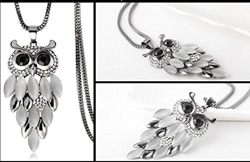 El Regalo Owl Pendant Chain in Gun Black Color for Women & Girls | Trendy Long Owl Necklace with Stones