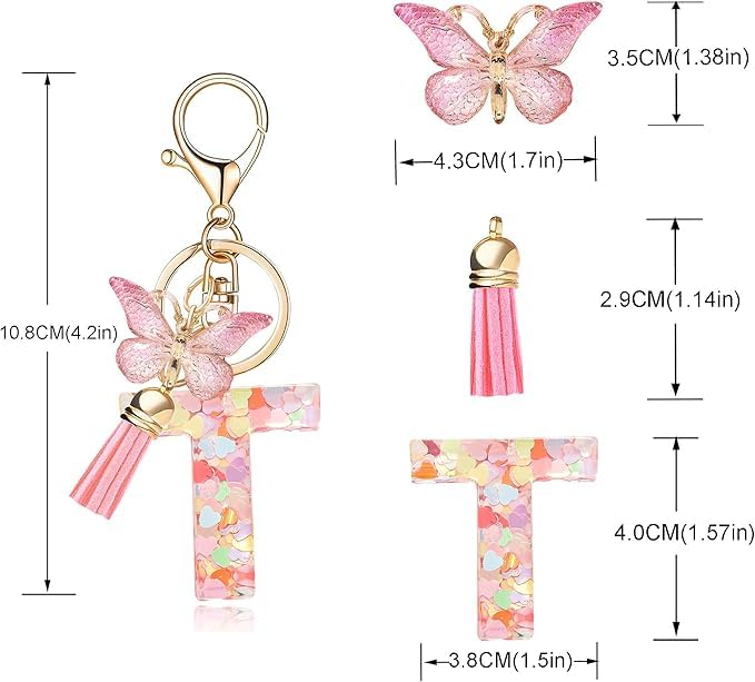 El Regalo Personalized Name Initials Butterfly Charm Keychain - Custom Letter Keyring with Pink Tassel & Butterfly Pendant, Purse, Bag, Backpack Accessory (T Letter)