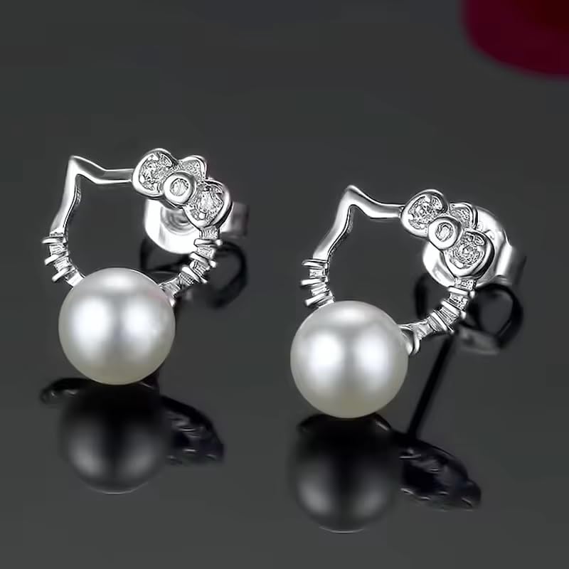 El Regalo Cute Tiny Kitty Pearl Stud Earrings for Kids/Girls/Women