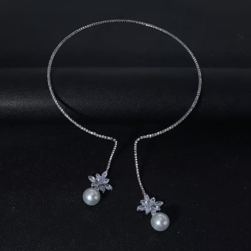 El Regalo Modern CZ Choker Necklace for Women & Girls | Minimalist Open Zircon Butterfly & Lariat Pearl Designs | Elegant Western Party Jewellery | Silver-Plated Statement Neckpiece | Ideal Birthday & Anniversary Gift (Lariat Pearl Droplet)