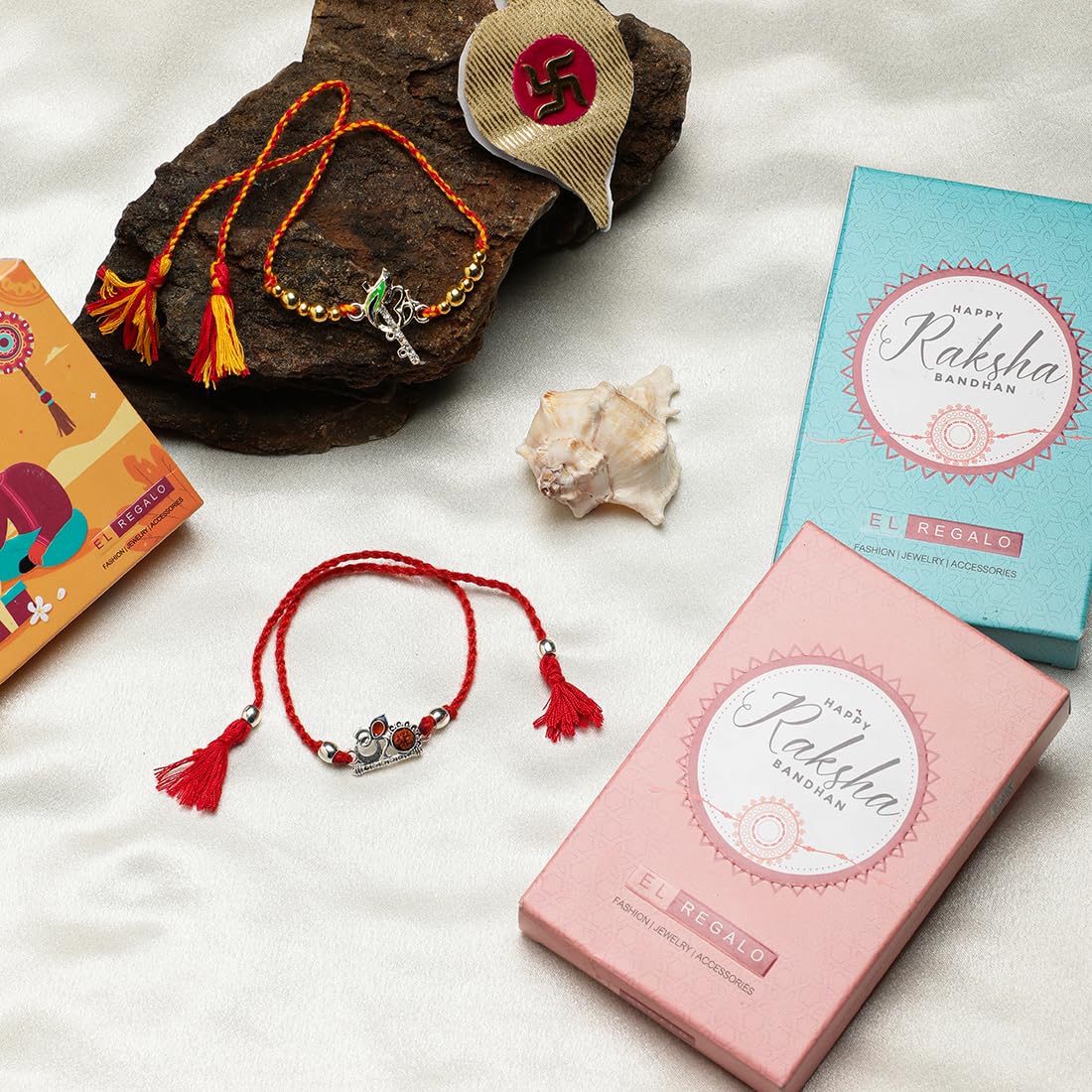 El Regalo 2PCs Rakhi Set for Brother- Auspicious OM, Ganesha, Rudraksha, Krishna Red Moli Thread Rakhi for BHai/Bhatija with Roli Chawal, Message Card in Rakhi Gift Box (OM Rudraksha Rakhi)