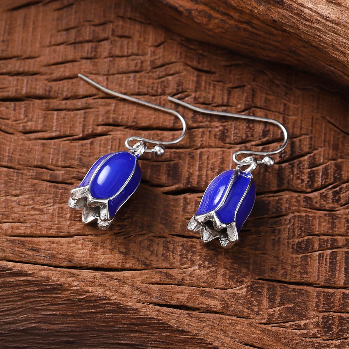 El Regalo Blue Enamel Tulip Flower Earrings for Women & Girls - Cute and Fancy Hyacinth Dangle & Double-Drop Hook Earrings (Single Flower)