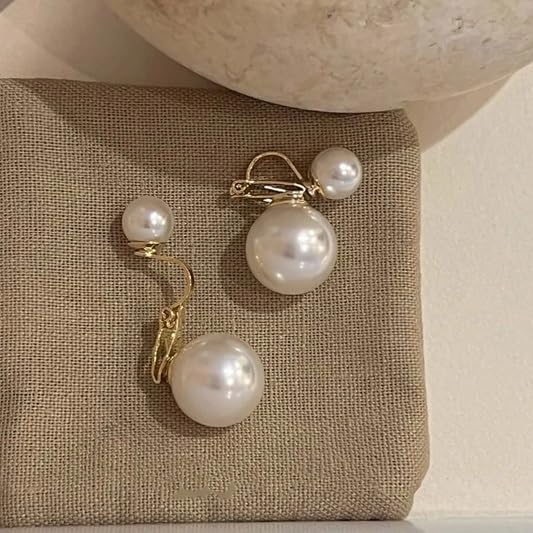 El Regalo Gold Plated Double Pearl Clip On Earrings for Women | Non Pierced Front Back Ear Cuffs | Vintage Geometric Dangle Ear Clips | Elegant Party Jewelry for Girls & Women