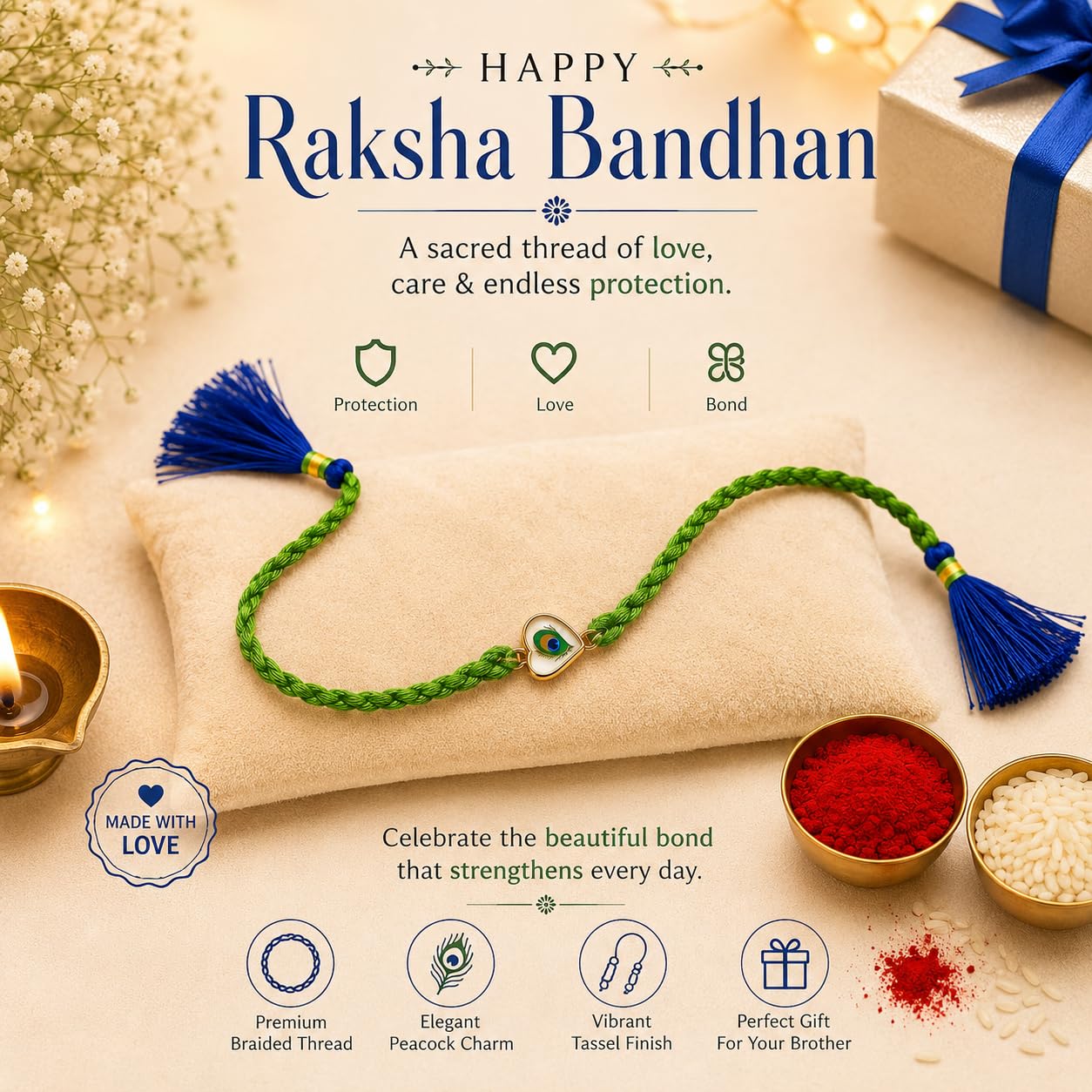 El Regalo Peacock Feather Rakhi for Brother, Traditional Mor Pankh Designer Thread Rakhi with Blue Tassels for Bhaiya