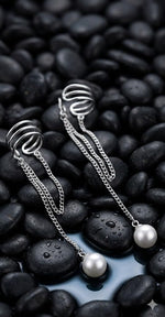El Regalo 1 Pair Pearl Threader Layered Cartilage Clip On Cuff Wrap Earrings- Non Pierced Elegant Drop Dangle Hanging Tassel Chain Cuffs Earrings (Silver)