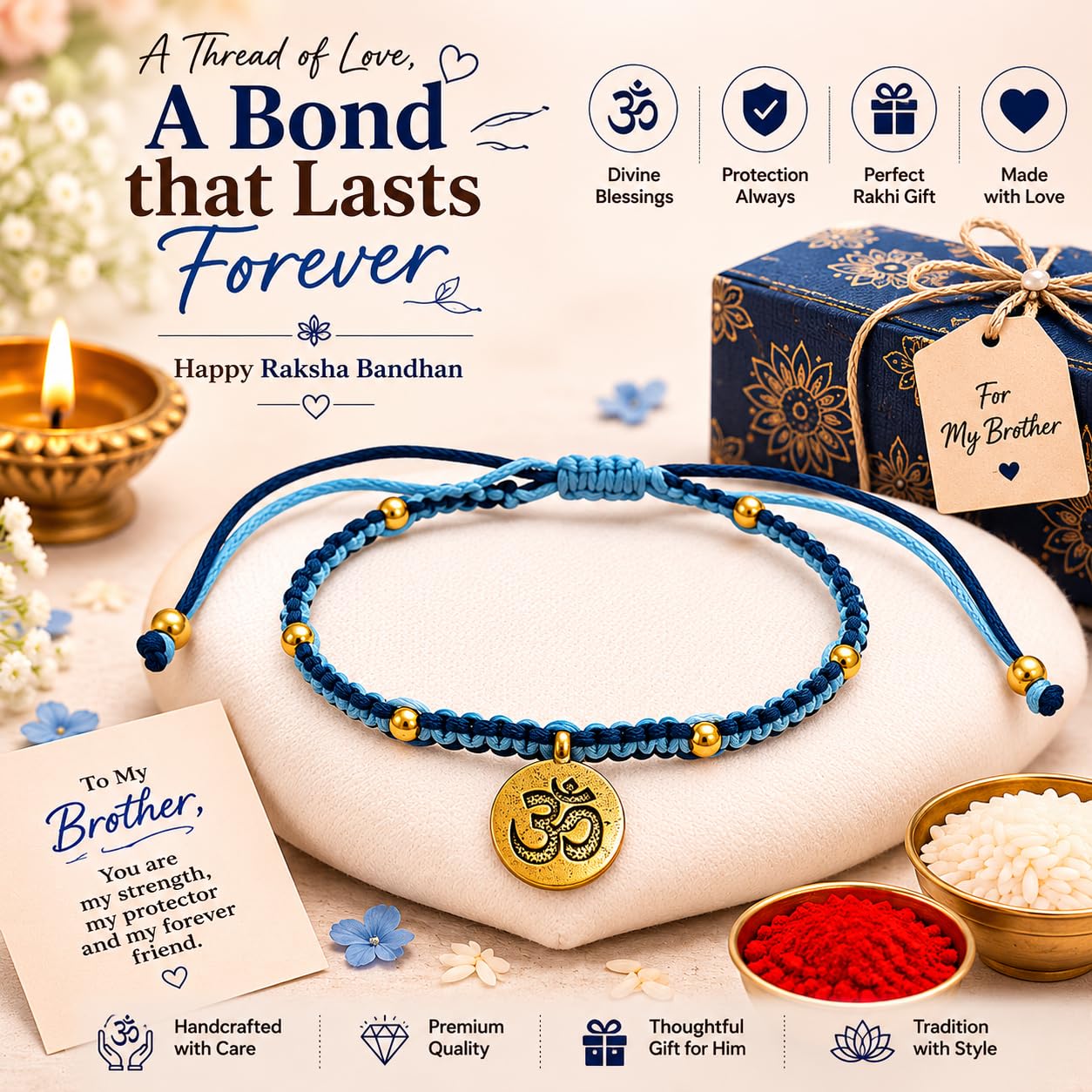 El Regalo Fancy & Traditional AUM/Shell Charm Rakhis for Brother | Elegant Auspicious Bracelet Rakhi for Bhai/Bhaiya with Roli Chawal in Gift Box (OM Rakhi- Blue)