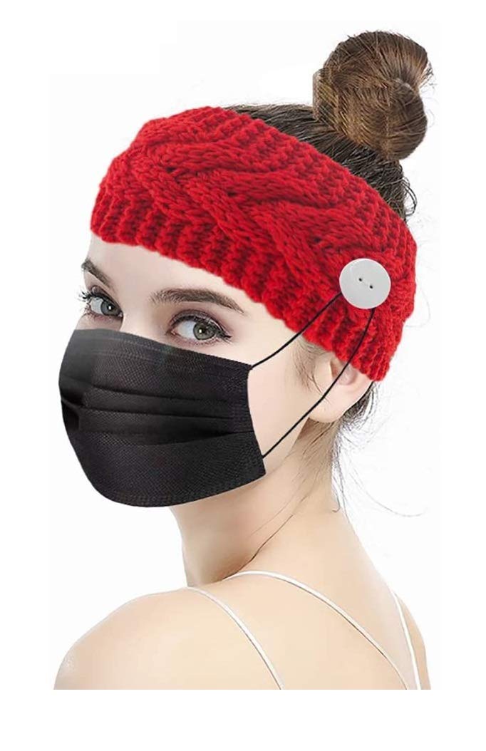 El Regalo 2 PCs Knitted Winter Woolen Warm Headband with Buttons for Face Mask Cover | Cold Weather Hair Accessories Head Wrap | Winter Headbands for Women & Men (Pack of 2) (Red & Pink)