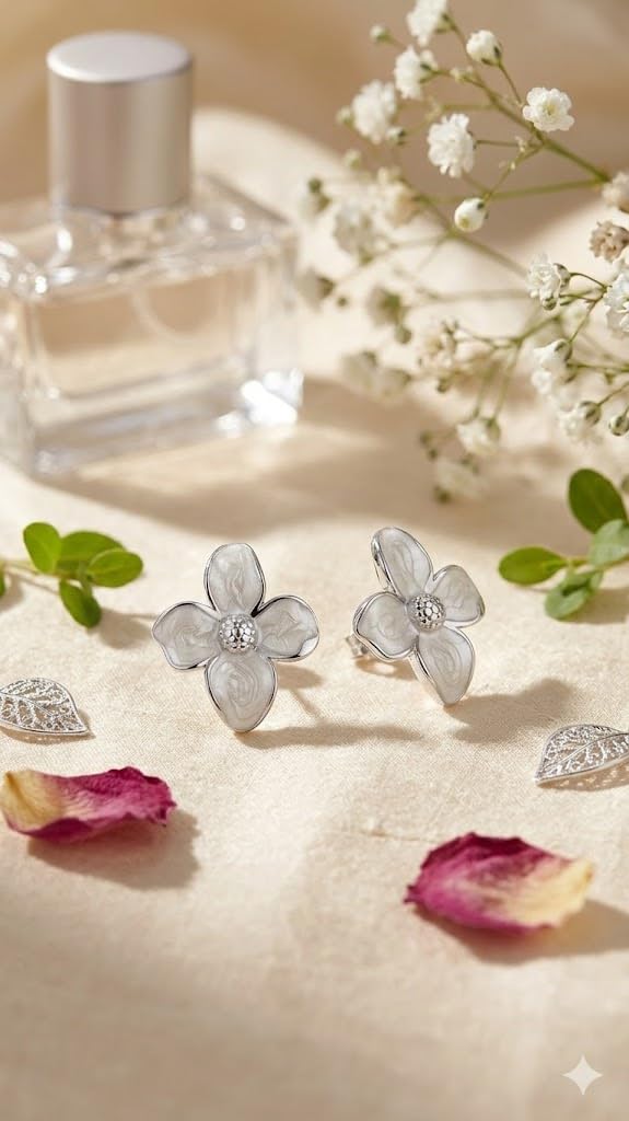 El Regalo Luxurious Oil Drip Flower Stud Earrings for Women & Girls | Stainless Steel Floral Studs | Anti-Tarnish, Skin Friendly Enamel Jewelry | Gift for Her (Floral Collection) (White- Silver)