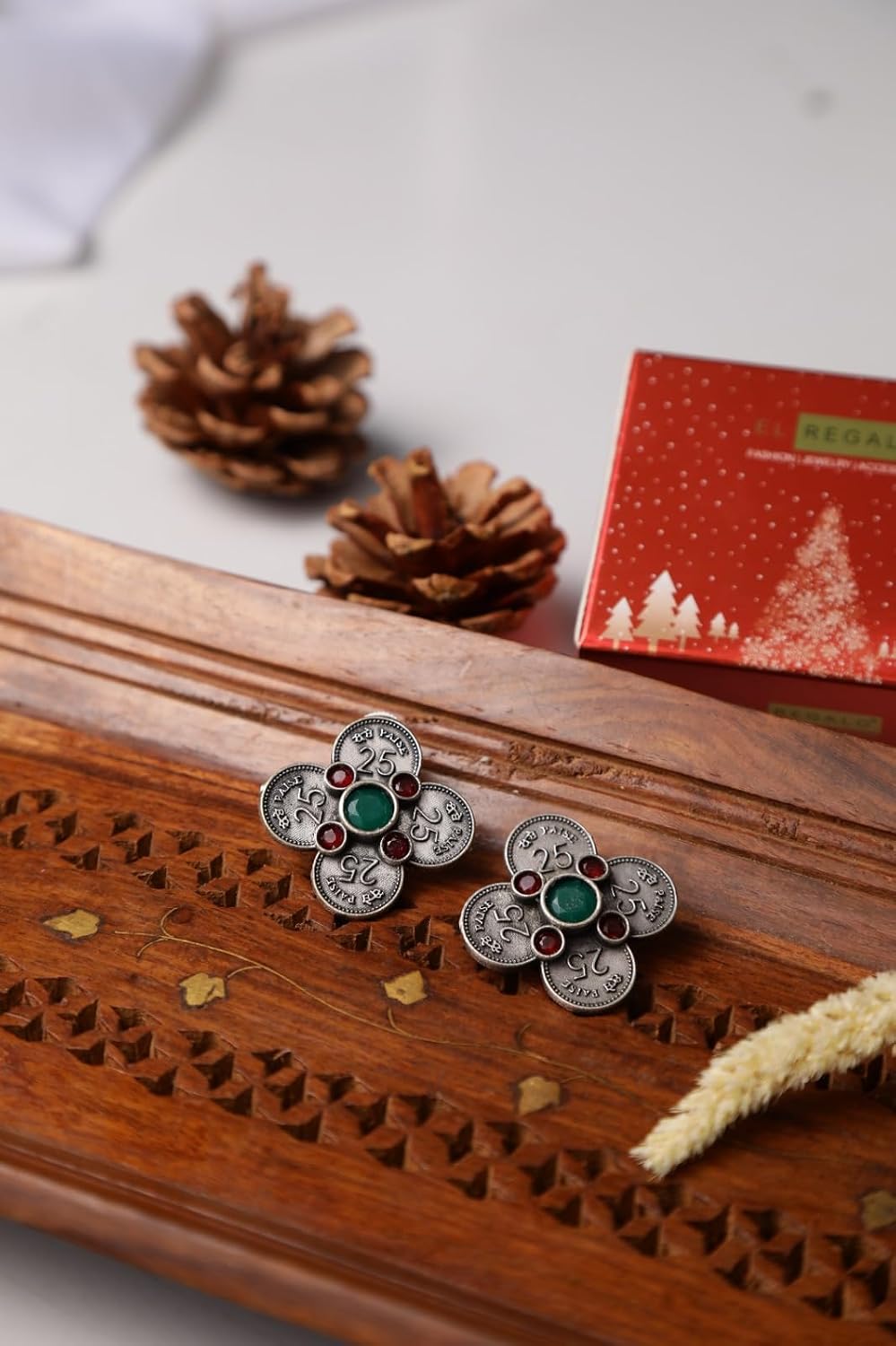 El Regalo Silver Lookalike 25 Paisa Vintage Earrings- Brass Oxidised Antique Boho Coinage Stud Earrings for Women & Girls- Antique 25 Paisa Coin Studs