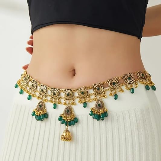 El Regalo Bohemian Vintage Hollow Waist Chain for Women - Indian Ethnic Golden Belly Chain with Beads, Tassels, Jhumkas & Bells - Adjustable Waist/Hip Body Belt for Saree, Lehenga & Dresses (Green)