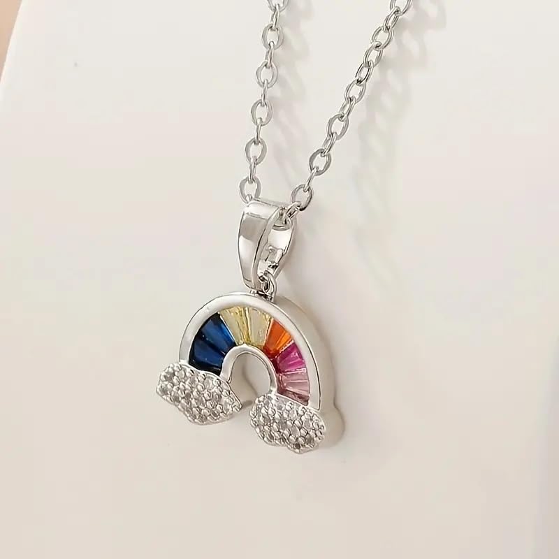 El Regalo Titanium Steel Cubic Zirconia Rainbow Necklace for Kids/Girls/Women- Anti Tarnish, Waterproof, Classy Rainbow Necklace- Gift for Girls