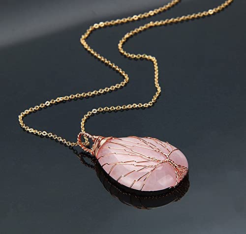El Regalo Tree of Life Wire Wrapped Drop Natural Stones Healing Crystal Chakra Pendant Necklace - Unique Handcrafted Gemstones Pendant Necklaces (Rose Quartz) For Unisex Adult