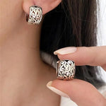 El Regalo 925 Silver Plated Hollow Filigree Hoop Earrings for Women - Vintage Oriental Carved Huggie Hoops, Retro Ethnic Jewelry