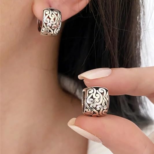 El Regalo 925 Silver Plated Hollow Filigree Hoop Earrings for Women - Vintage Oriental Carved Huggie Hoops, Retro Ethnic Jewelry