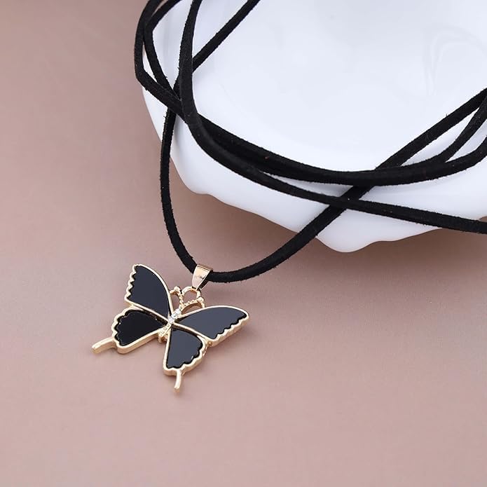 El Regalo Gothic Vintage Layered Black Velvet Butterfly Choker Necklace - Adjustable Boho Butterfly Pendant Necklace for Women & Girls