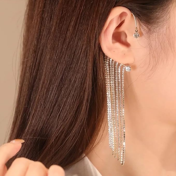 El Regalo 1 Pair Shining Long Tassel Earcuff Climber Earring- Contemporary Ear Cuff Wrap, No Piercing Ear Climber Earring for Girls & Women (Silver)