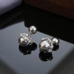 El Regalo Beautiful Double Sided Pearl Earrings for Women - Elegant Crown Rhinestone Front Back Studs | Korean Style Moti Earrings (Silver Grey)